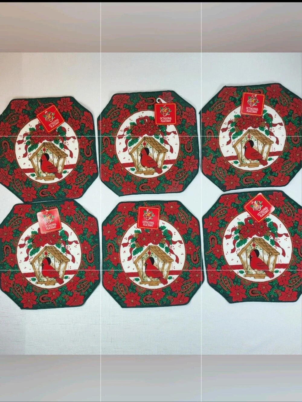 Franco Quilted Christmas Cardinal PLACEMATS Lot of 6 Birdhouse Poinsettias NOS